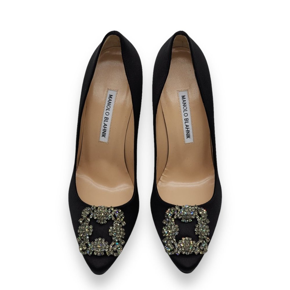 Manolo Blahnik Hangisi Satin Pumps Heels Black $1195 - Picture 3 of 6